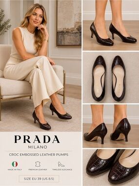 Prada Croc-Embossed Leather Pumps in Dark Brown